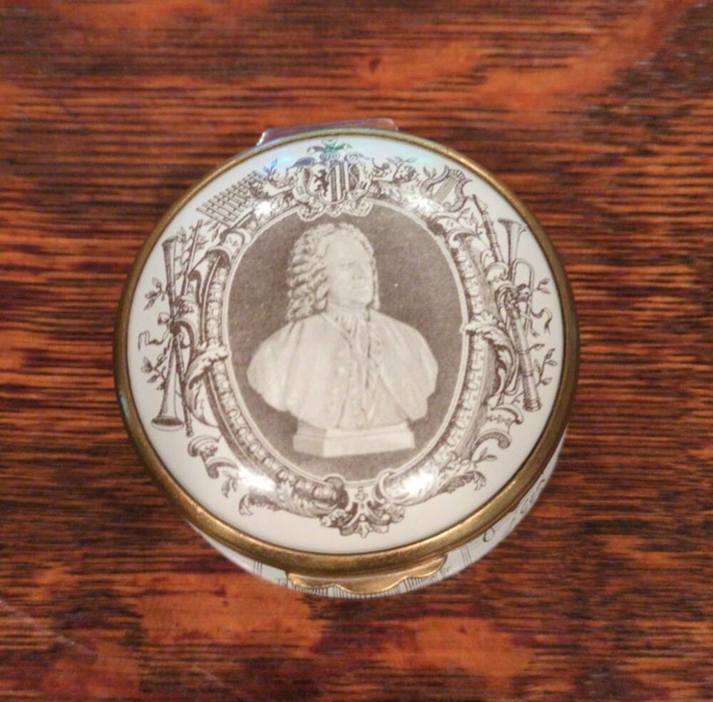 Bilston Battersea Enameled Copper Halcyon Days Trinket Box Johann S. Bach  #381